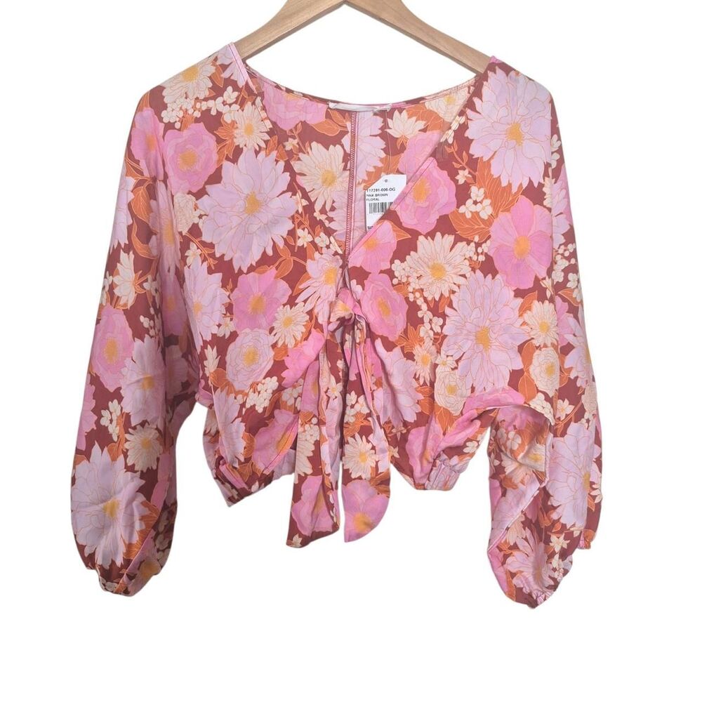 Lush Pink Floral Blouse with Tie Front Balloon Sleeves Size Medium